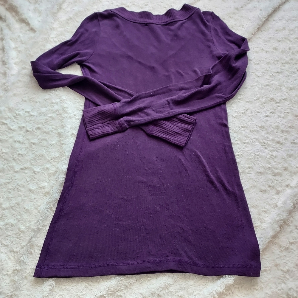 Active Basic Deep Purple V-Neck Lightweight Knit Long Sleeve Longline Layering - Picture 3 of 5